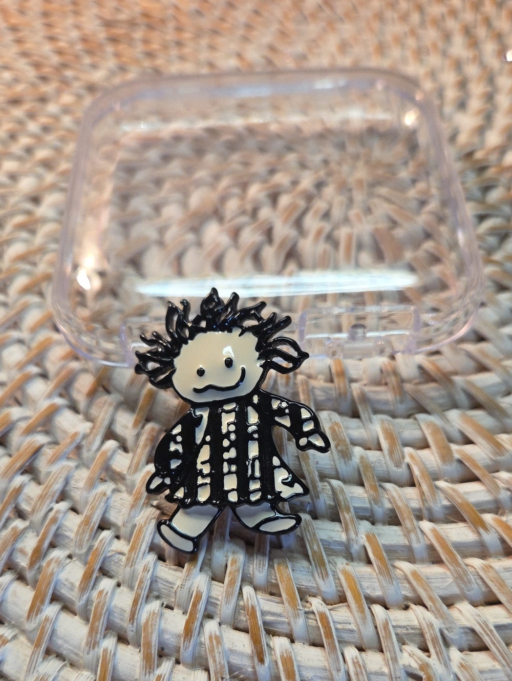 Black and Cream Kids Character Enamel Pin - Cute Doll Accessory